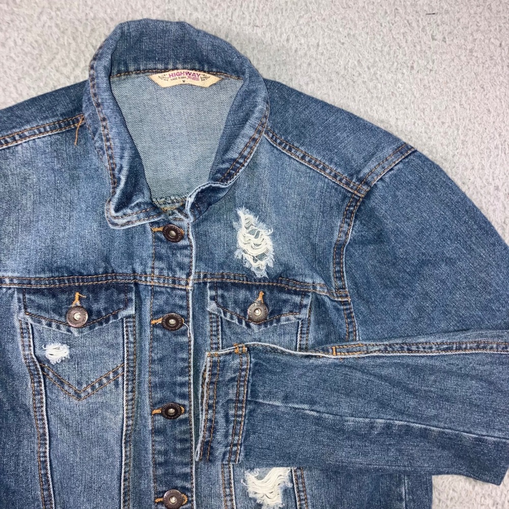 Highway Jeans Denim Jacket Women M Medium Wash Distressed‎ Ripped Trucker